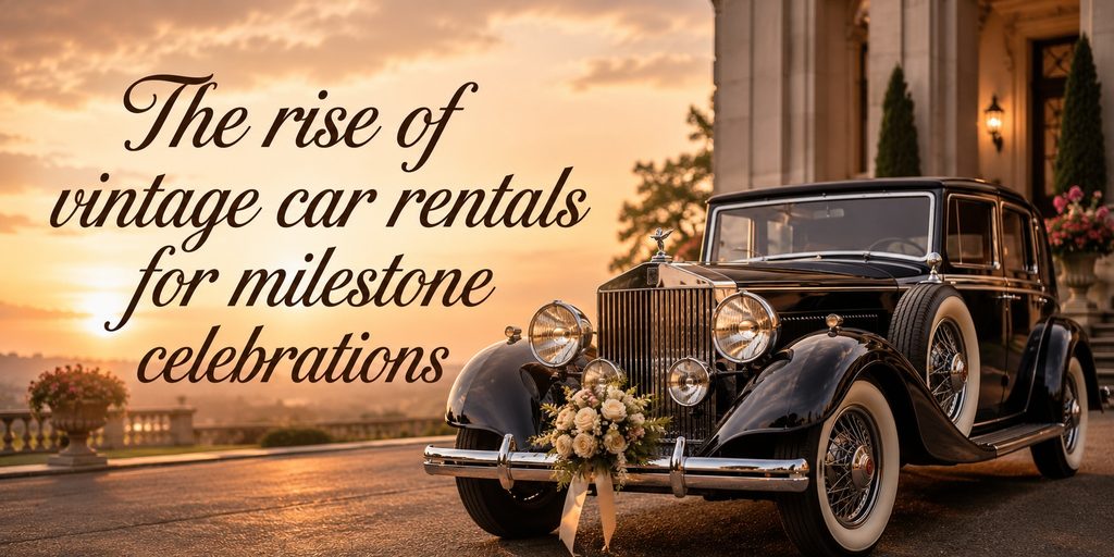 Vintage luxury car decorated with flowers parked outside an elegant estate at sunset, with the title “The rise of vintage car rentals for milestone celebrations.